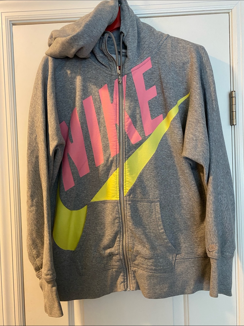 Nike Cotton Stretch Logo Embroidered Arm Pink Yellow Gray Full Zip Hoodie